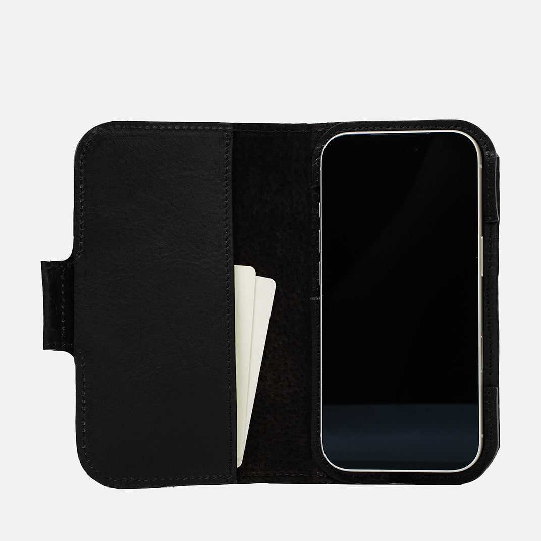 iPhone 17 Pro leather folio wallet case with MagSafe, showing interior card storage and suede lining