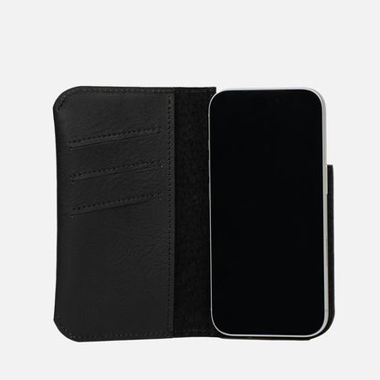 Open black leather MagSafe folio wallet for iPhone 17; 3 card slots and suede lining – Geometric Goods