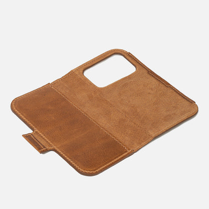 Open brown leather iPhone 17 folio wallet; camera window, card pocket, magnetic tab – Geometric Goods