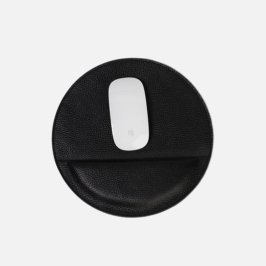 Black Italian leather round mouse pad with padded wrist rest for Apple Magic Mouse