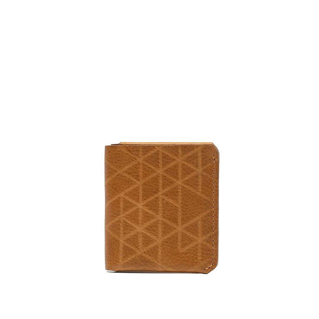 premium air tag wallet for cash made of leather in light brown color with geometric pattern
