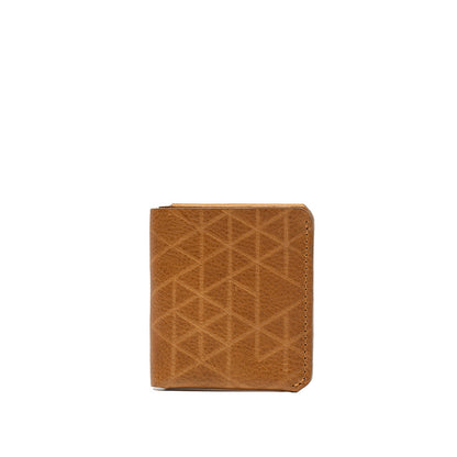 premium air tag wallet for cash made of leather in light brown color with geometric pattern