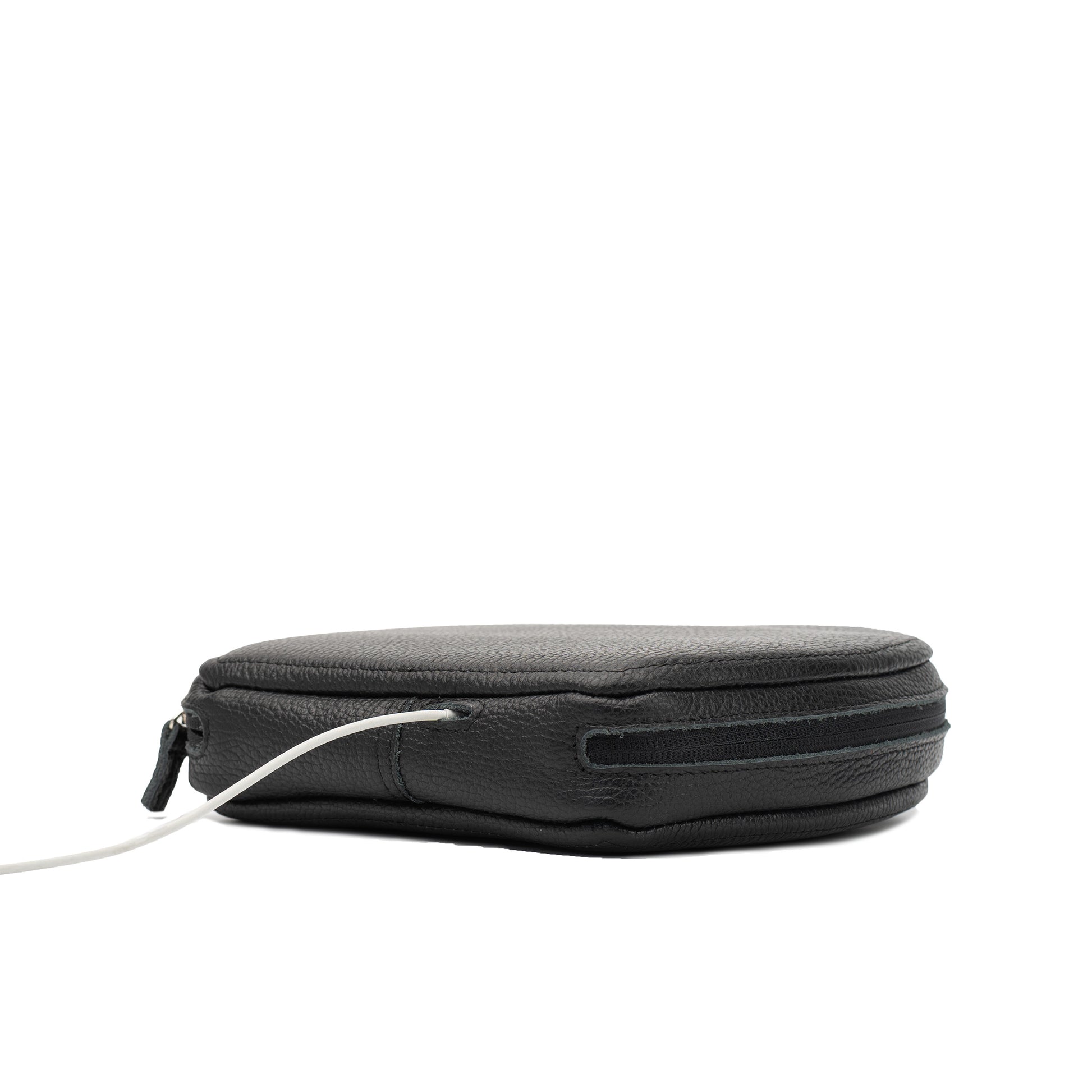 Black leather AirPods Max case with zip closure and charging cable access