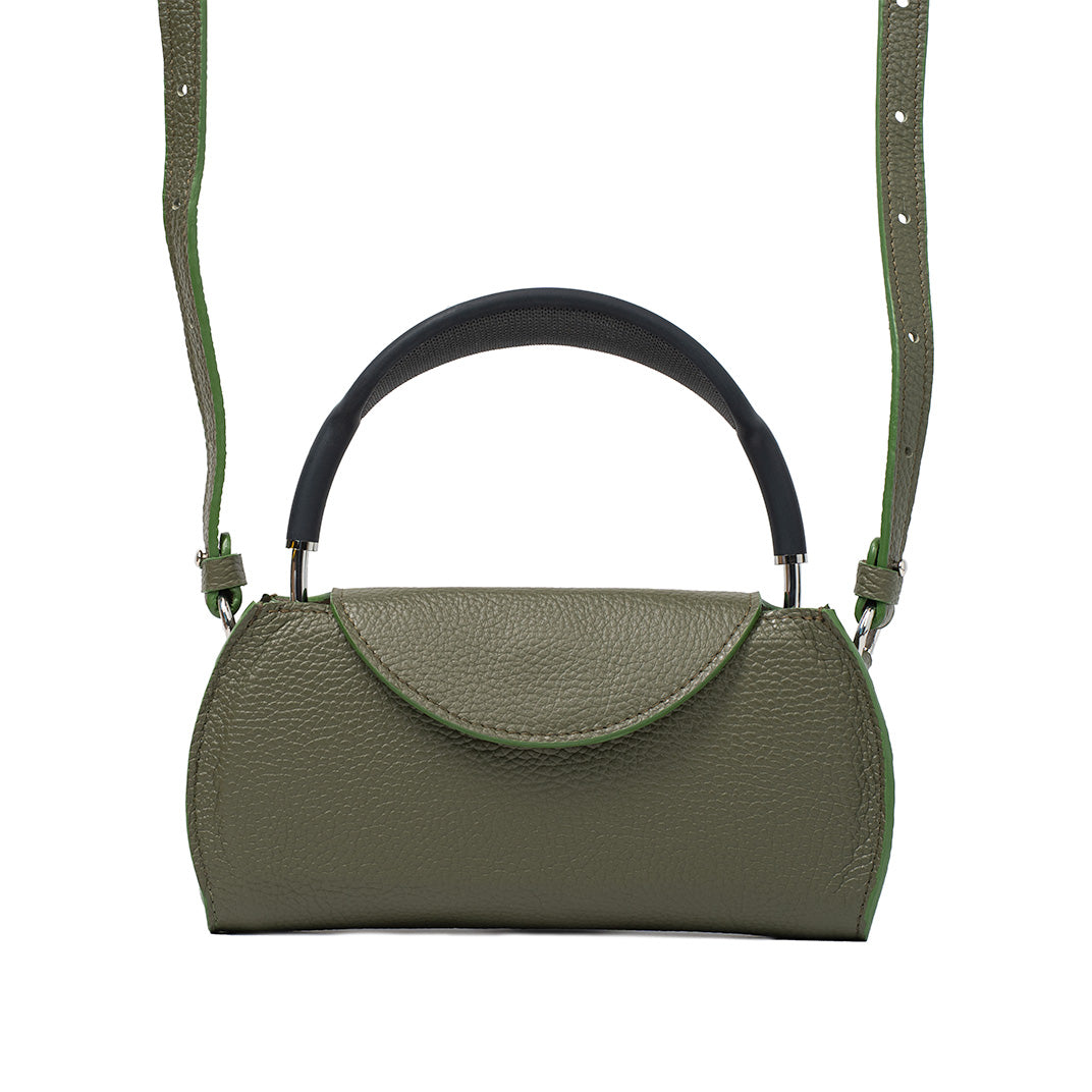 Olive green leather AirPods Max case with adjustable shoulder strap, minimalist rounded flap design for stylish carrying