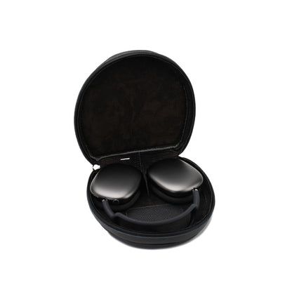 Open leather AirPods Max case with soft interior lining and headphones inside
