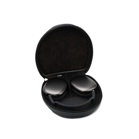 Open leather AirPods Max case with soft interior lining and headphones inside