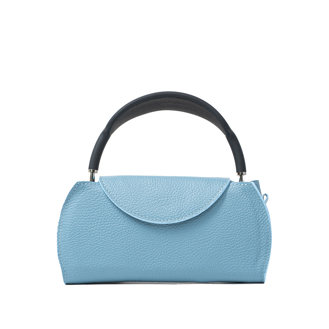 Sky blue leather AirPods Max case with minimalist rounded flap, handcrafted protective cover without strap