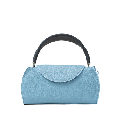 Sky blue leather AirPods Max case with minimalist rounded flap, handcrafted protective cover without strap