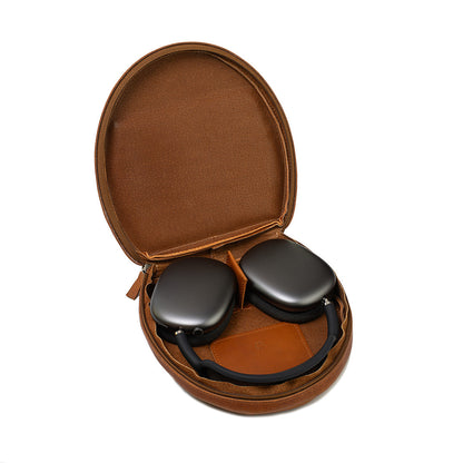 Open AirPods Max case in Tan leather by Geometric Goods, showing soft interior, headphone fit, and inner pocket detail.
