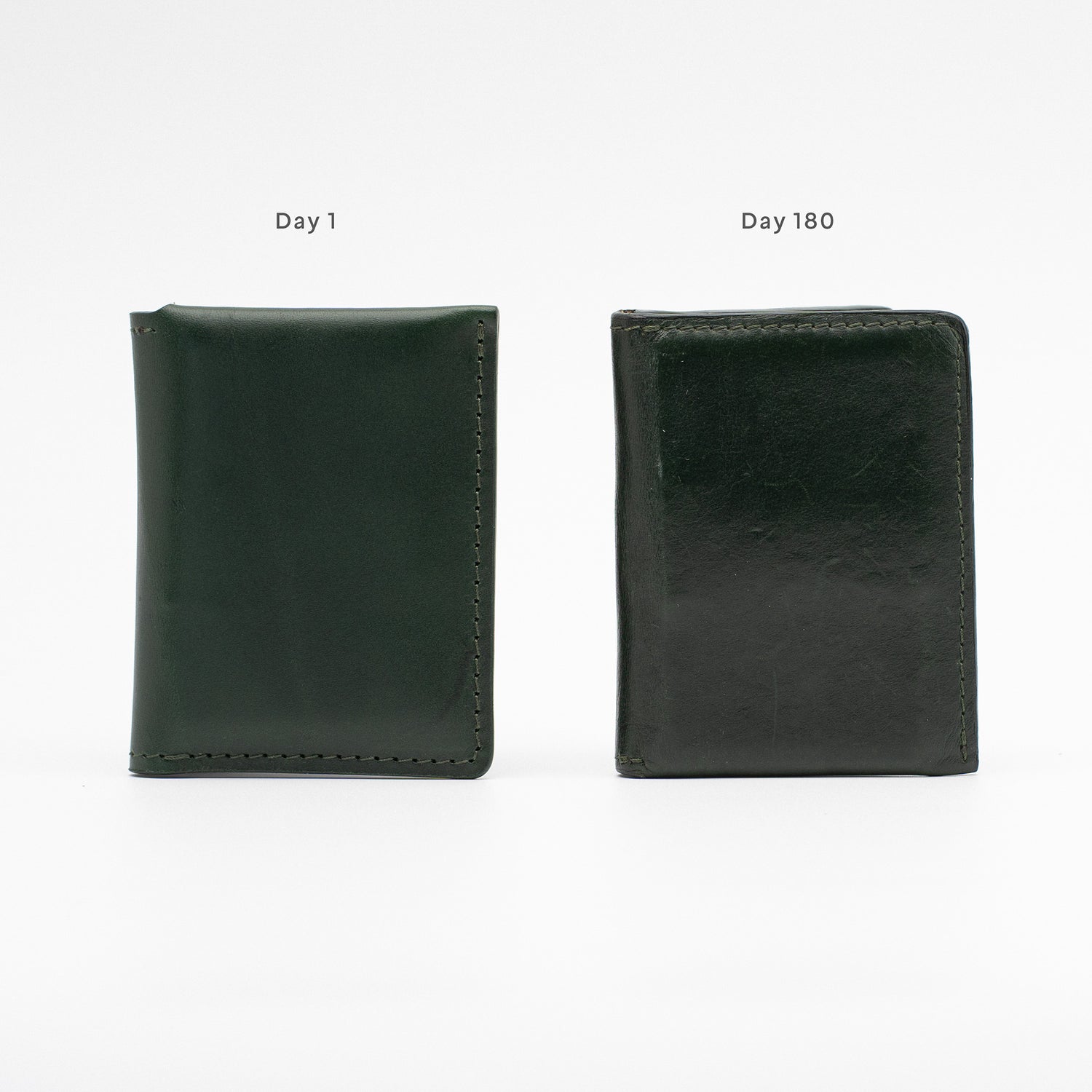 Vegetable-tanned leather AirTag card wallet in green showing patina after 180 days of use