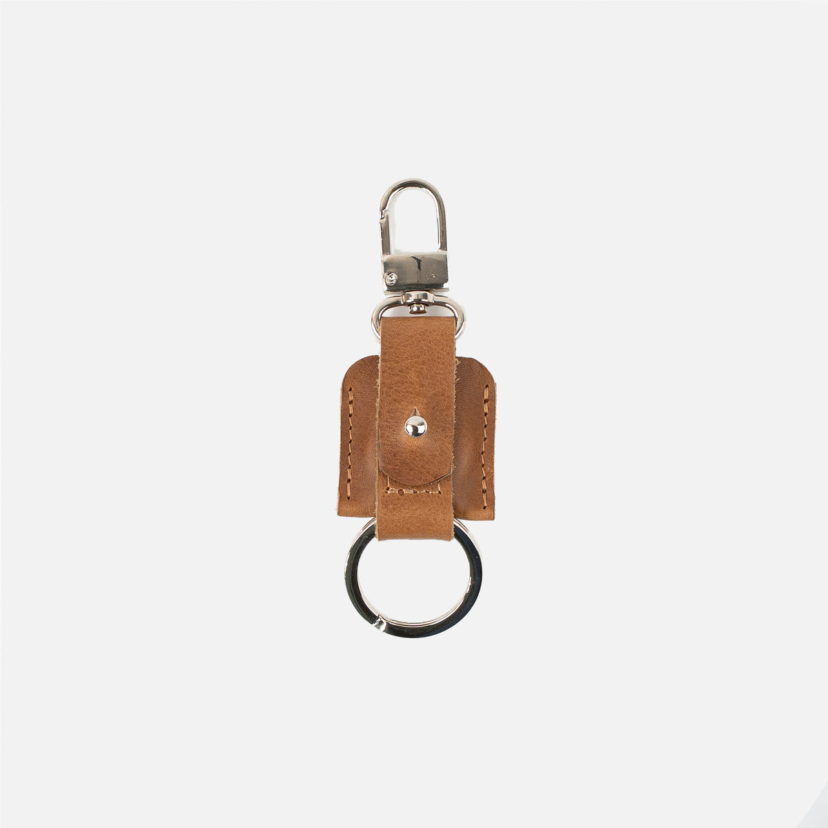 Leather AirTag keychain snap hook detail