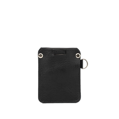 Black leather AirTag wallet by Geometric Goods with smooth finish, D-ring, and rear card slot