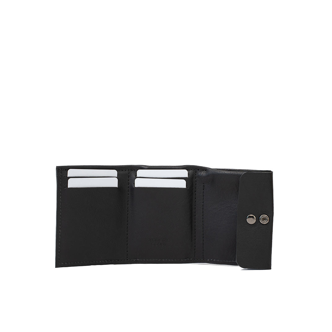 Premium black AirTag trifold wallet with coin pouch – holds cards, bills, and AirTag in a hidden slot, handcrafted leather
