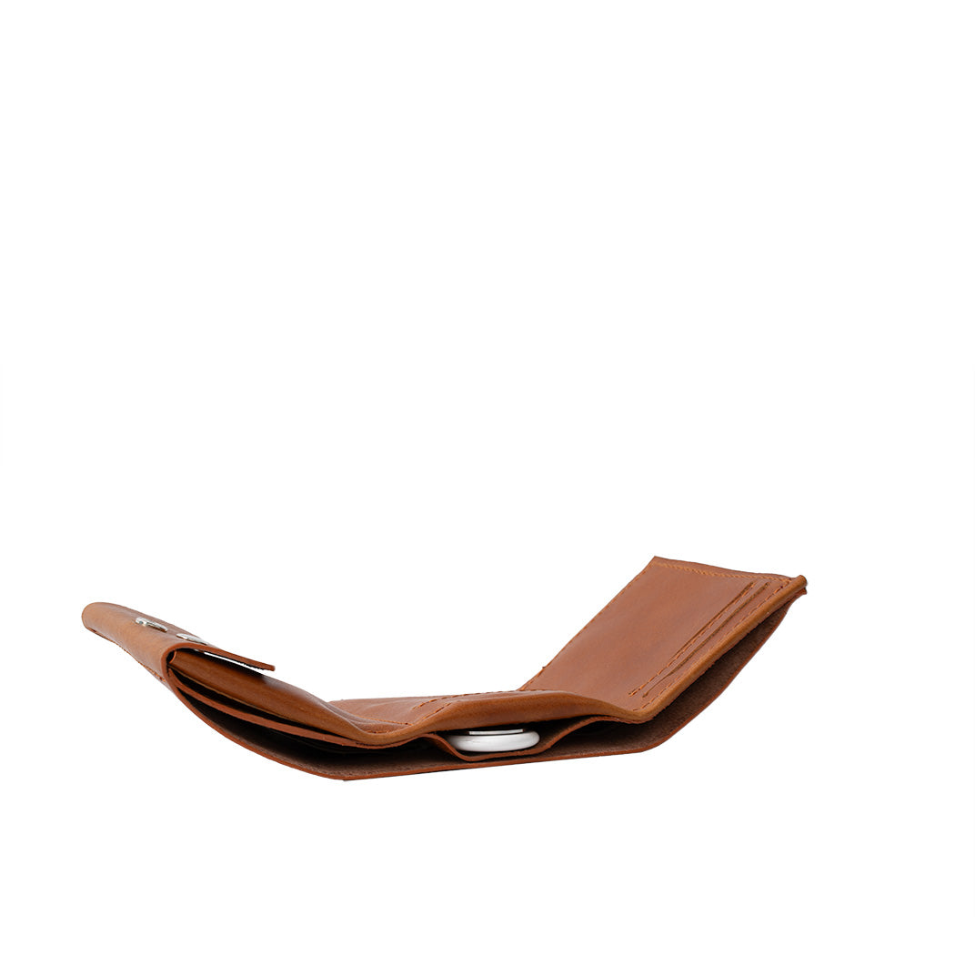 Leather AirTag wallet trifold in tan color highlighting its sleek and modern design