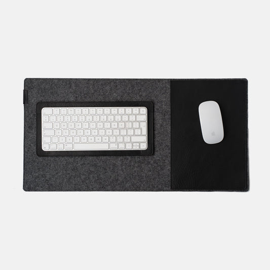 Leather desk setup with full-grain leather desk pad and Magic Keyboard tray