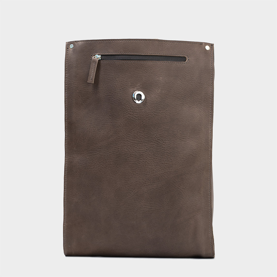 Leather laptop backpack - The Minimalist in gray, featuring front view with secure zipper pocket and Fidlock magnetic closure
