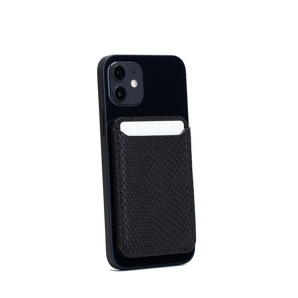 Black leather MagSafe wallet for iPhone, embossed snake print, vegetable-tanned leather