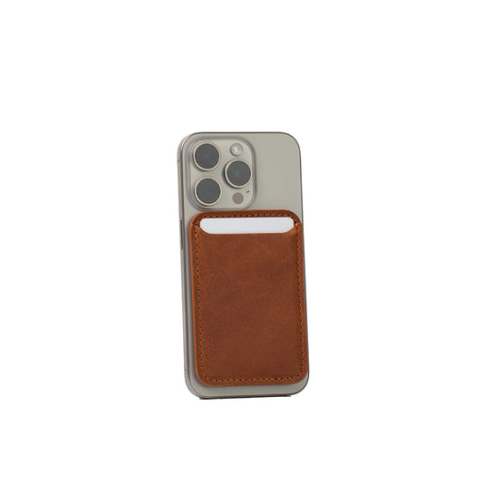 Tan full-grain leather MagSafe wallet for iPhone, classic design, handcrafted from Italian leather, shown on iPhone