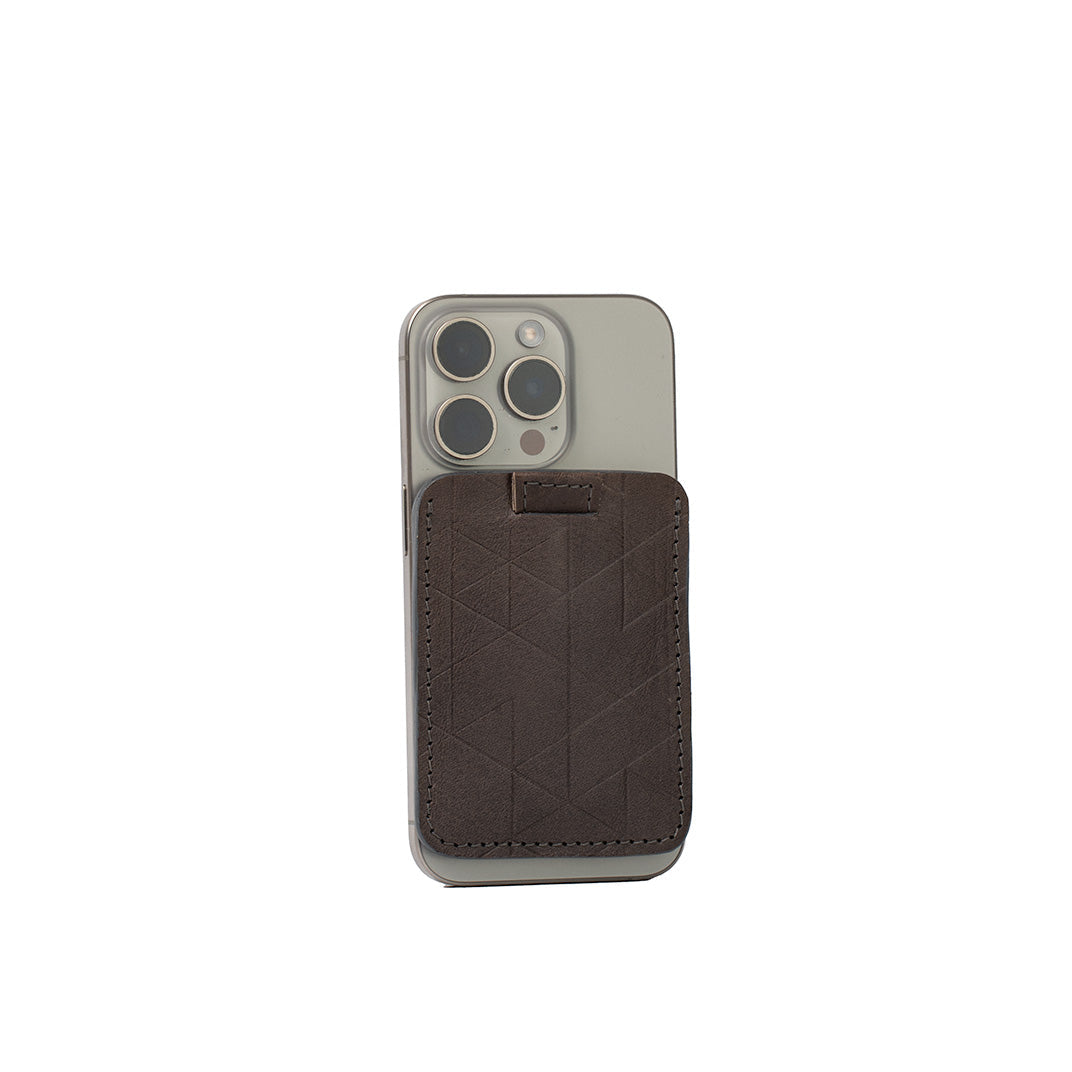 Leather MagSafe wallet for iPhone in gray with carved vectors design, holds 6 cards, handcrafted Italian leather