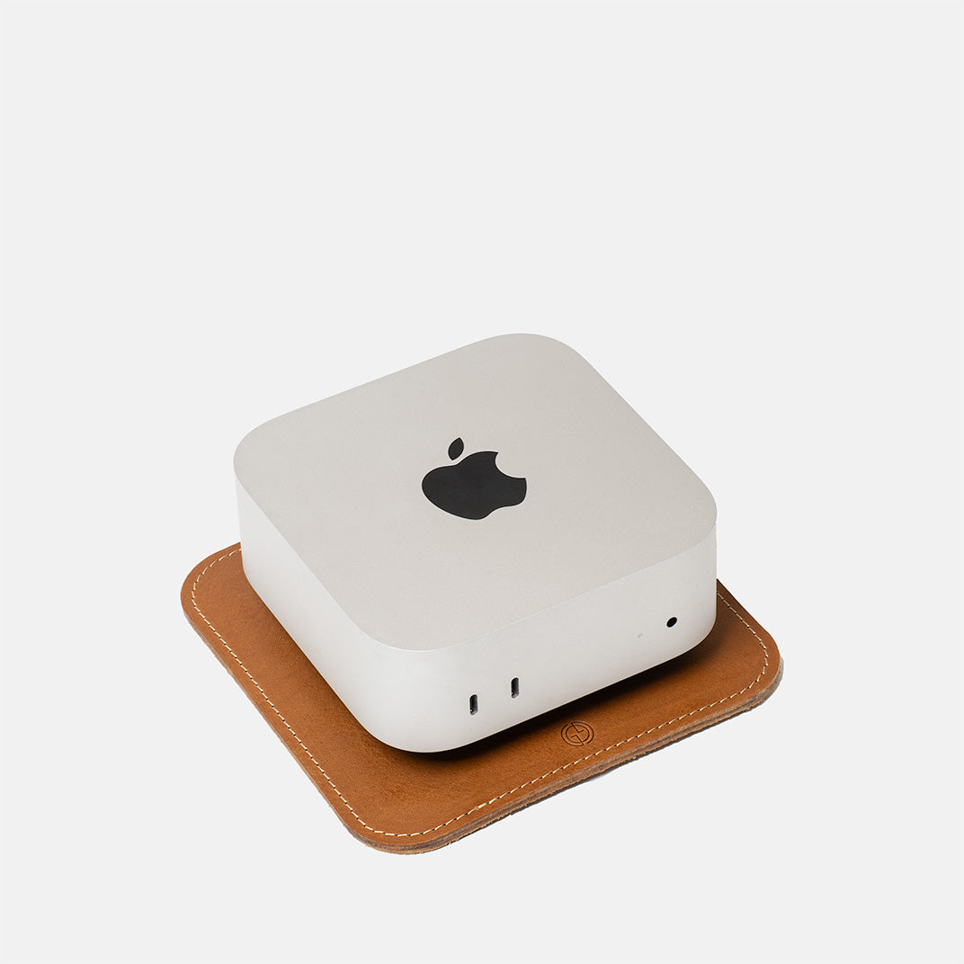 Mac Mini stand The Pedestal in light brown Italian leather with beige stitching – elegant desk accessory