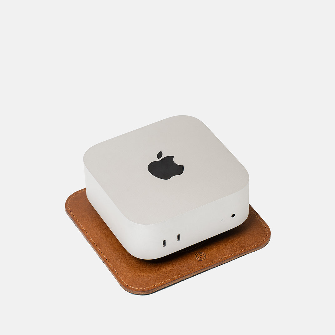 Mac Mini stand The Pedestal in brown Italian leather – minimalist desk accessory