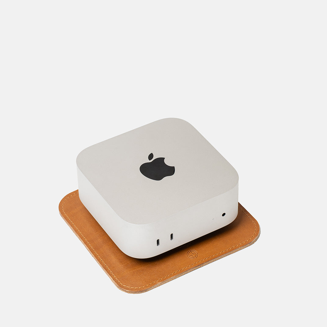 Mac Mini stand The Pedestal in camel Italian leather – minimalist desk accessory