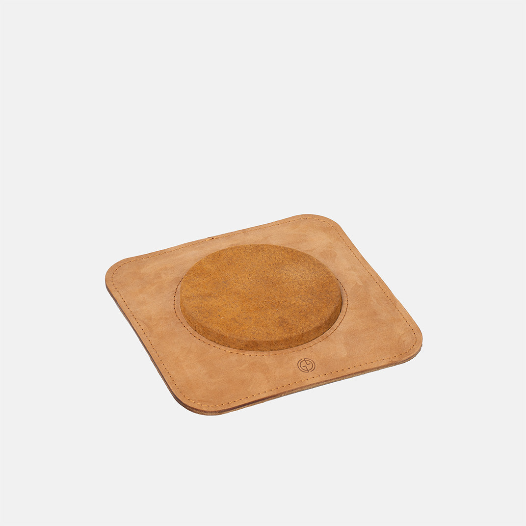 Geometric Goods Mac Mini stand The Pedestal in Velour Sand Italian leather, shown without device to display base shape and suede texture