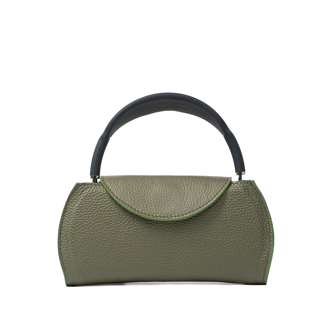 Olive green leather AirPods Max case with rounded flap design, minimalist handcrafted protective cover for Apple headphones