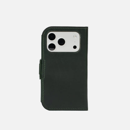 iPhone 17 Pro Max Classic 5.1 leather folio in dark green — closed back view with precise camera cutout and low-profile magnetic strap; full-grain Italian leather, MagSafe-ready