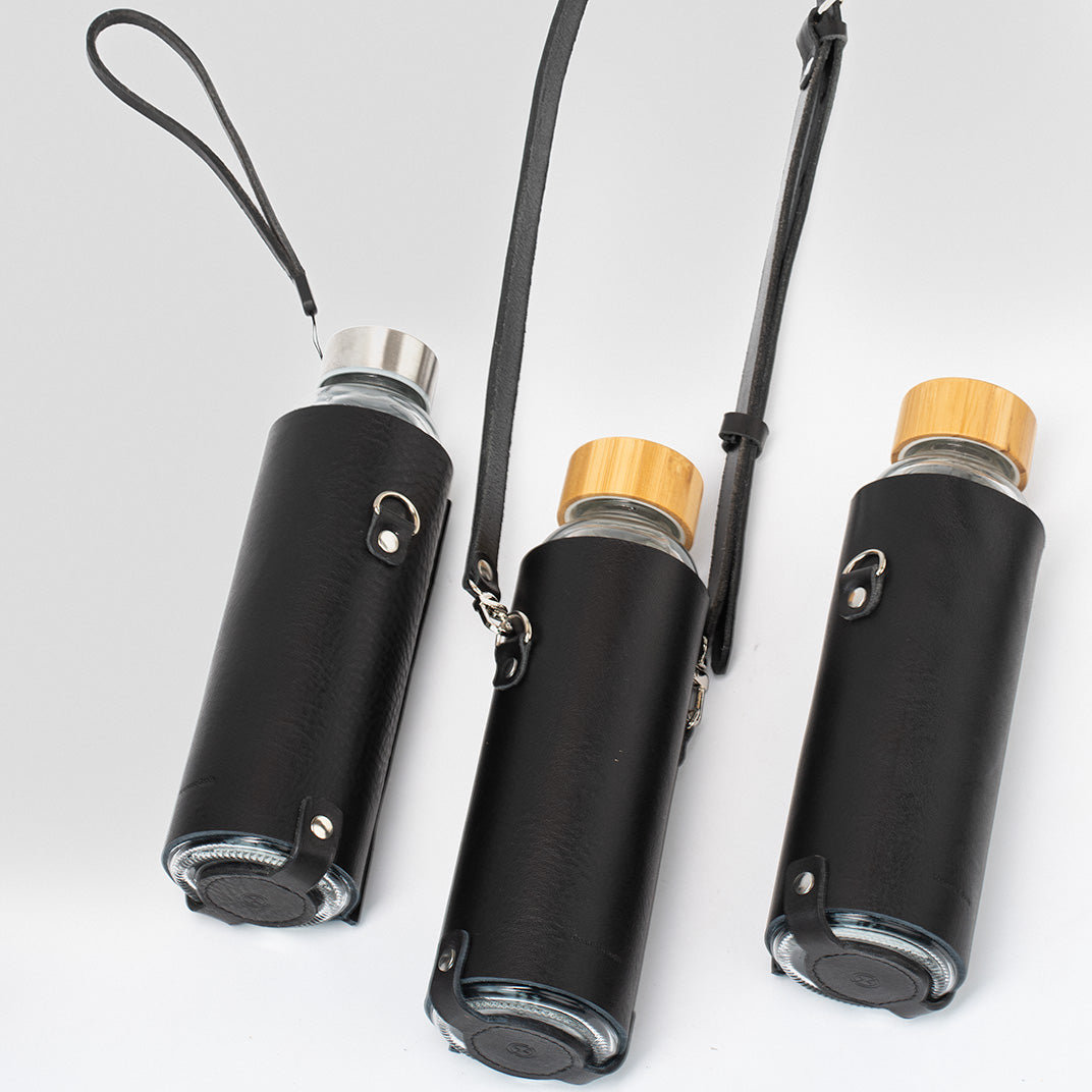 water bottle bags from black leather