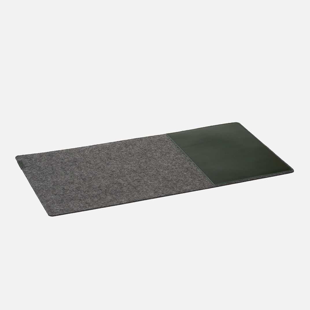 Wool felt desk pad with forest green leather insert, 30×60 cm workspace mat